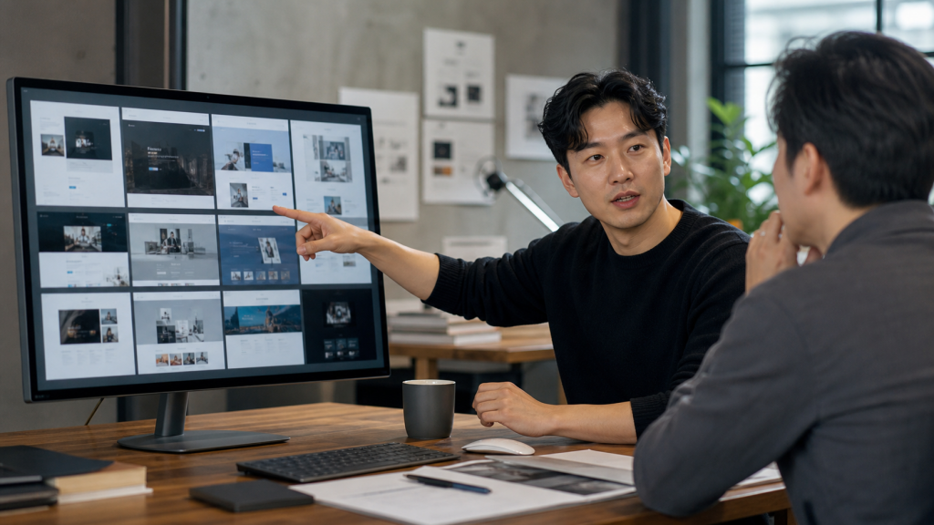 홈페이지 제작 포트폴리오 상담과 비교를 진행하는 실사 업무 장면